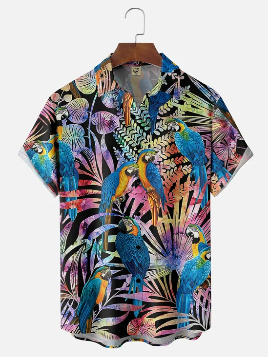 Moisture Wicking Tropical Plants Parrot Chest Pocket Hawaiian Shirt