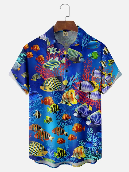 Moisture Wicking Underwater World Fish Chest Pocket Hawaiian Shirt