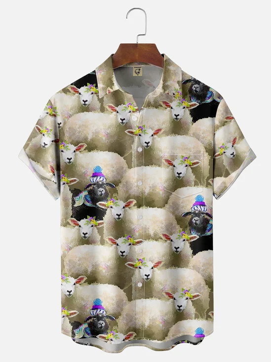 Moisture Wicking Black and White Sheep Chest Pocket Hawaiian Shirt