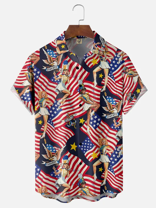 Moisture Wicking USA Flag Girl Chest Pocket Hawaii Shirt
