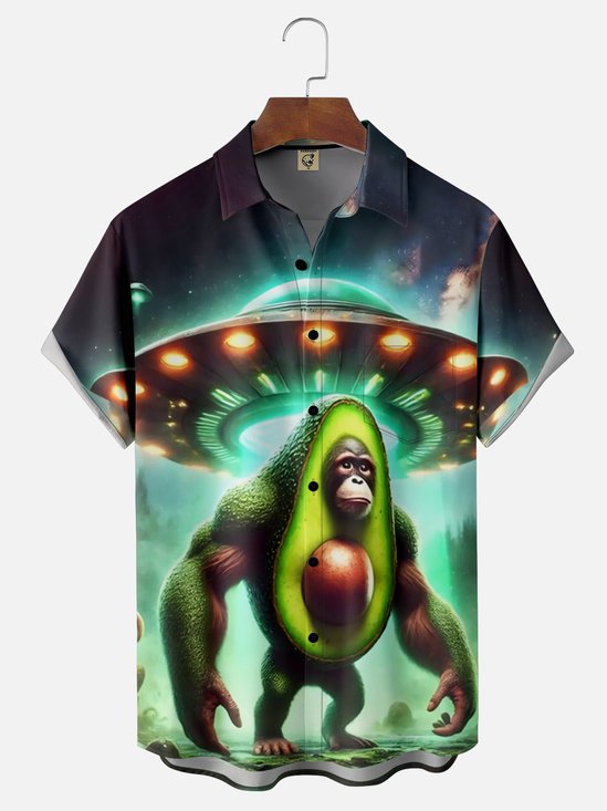 Moisture Wicking Alien UFO Avocado Gorilla Chest Pocket Hawaiian Shirt