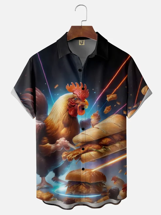 Moisture Wicking Fun Burger Hot Dog Chicken Chest Pocket Hawaiian Shirt