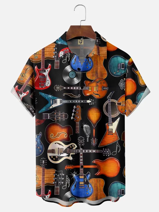 Moisture Wicking Music Guitar Chest Pocket Hawaiian Shirt