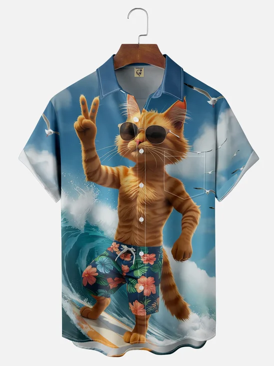 Moisture-Wicking Surf Cat Chest Pocket Hawaiian Shirt