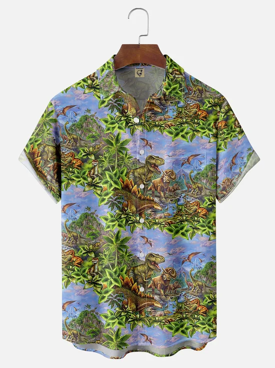 Moisture-Wicking Jurassic Dinosaur Chest Pocket Hawaiian Shirt