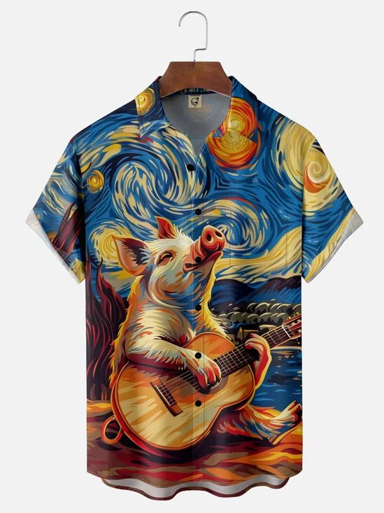 Moisture Wicking Starry Sky Guitar Pig Chest Pocket Hawaiian Shirt