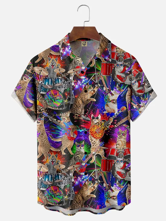 Moisture Wicking Music Guitar Cat Party Chest Pocket Hawaiian Shirt