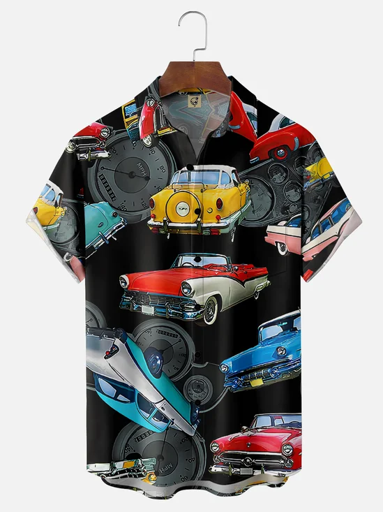 Moisture Wicking Vintage Car Chest Pocket Hawaiian Shirt