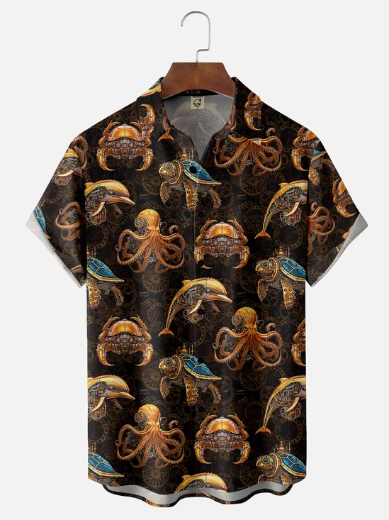 Moisture Wicking Metal Mechanical Octopus Turtle Crab Chest Pocket Hawaiian Shirt