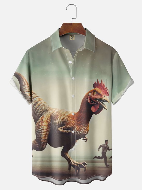 Moisture Wicking Funny Dinosaur Chicken Chest Pocket Hawaiian Shirt