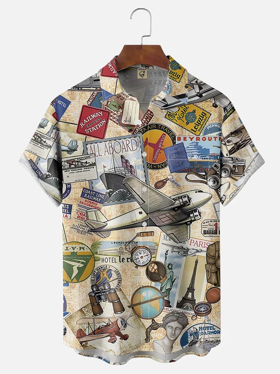 Moisture-Wicking Vintage Vacation City Chest Pocket Hawaiian Shirt