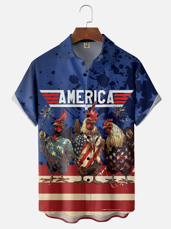 Tall Size Moisture-wicking Independence Day Rooster American Flag Chest Pocket Casual Shirt
