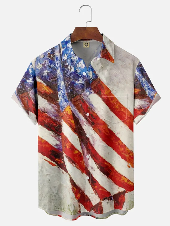Tall Size Moisture-wicking American Flag Painted Chest Pocket Hawaiian Shirt
