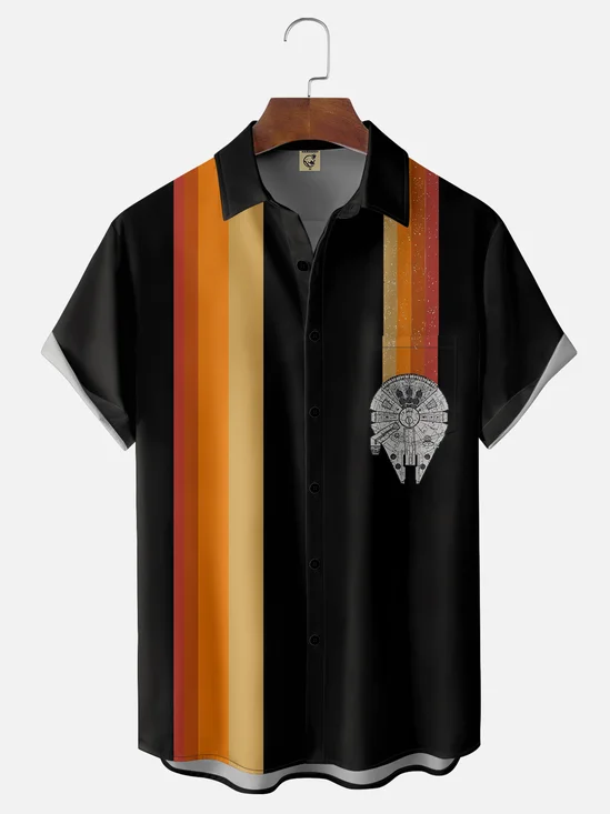 Tall Size Moisture-wicking Star Spacecraft Chest Pocket Bowling Shirt