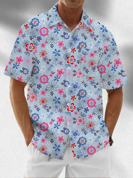 Moisture Wicking Floral Chest Pocket Hawaiian Shirt