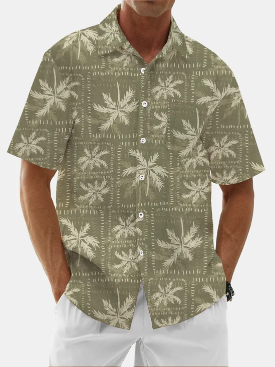 Moisture Wicking Tropical Plants Coconut Tree Chest Pocket Hawaiian Shirt