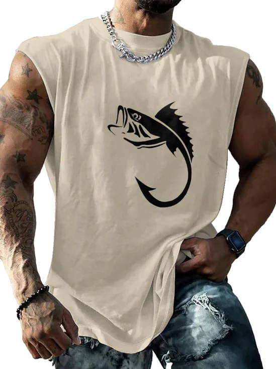 Mens Crewneck Tank Tops Fishhook Beach Sleeveless Shirt
