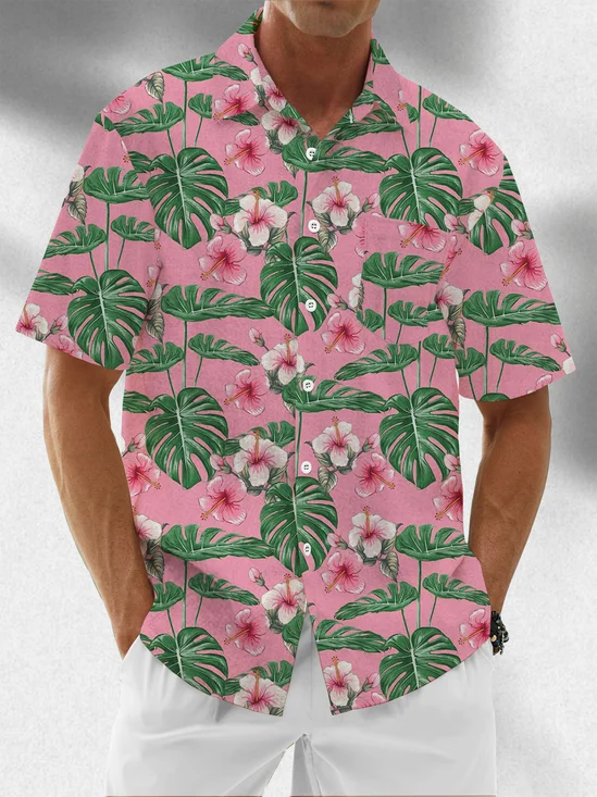 Moisture Wicking Tropical Floral Chest Pocket Hawaiian Shirt