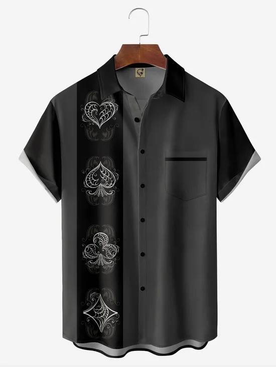 Tall Size Moisture-wicking Poker Symbols Chest Pocket Bowling Shirt