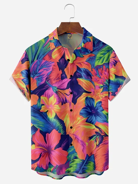 Tall Size Moisture-wicking Floral Chest Pocket Hawaiian Shirt