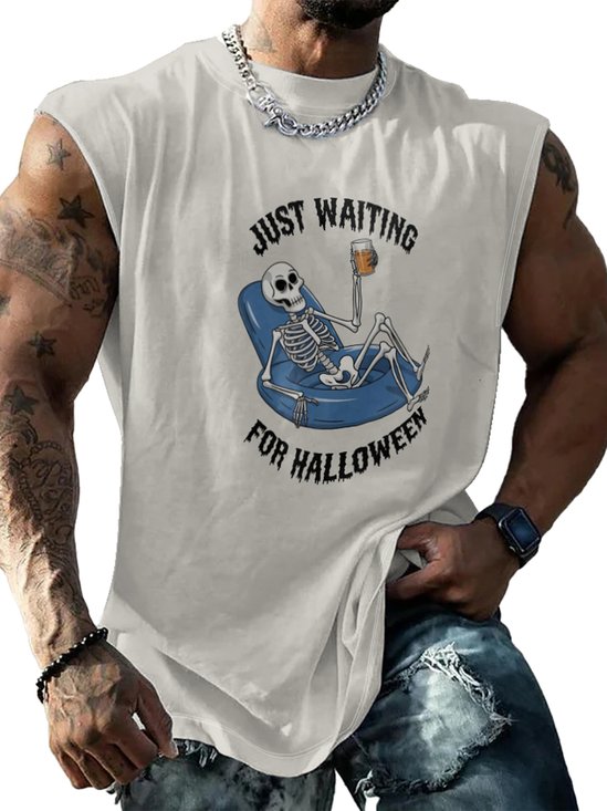 Mens Crewneck Tank Tops Halloween Skull Beach Sleeveless Shirt