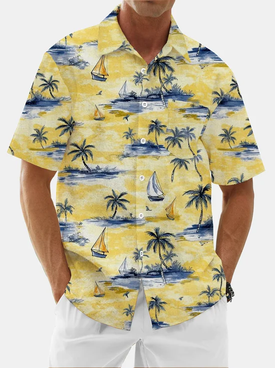 Moisture Wicking Tropical Coconut Tree Chest Pocket Hawaiian Shirt