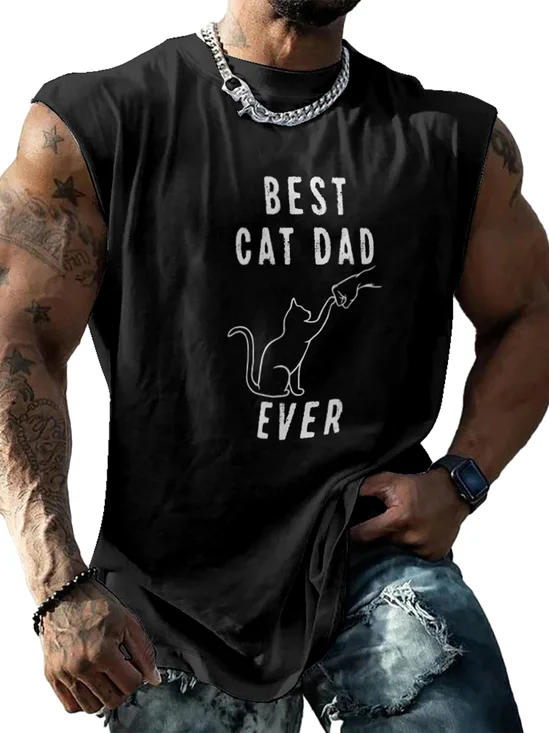 Mens Crewneck Tank Tops Father‘s Day Cat Dad Beach Sleeveless Shirt