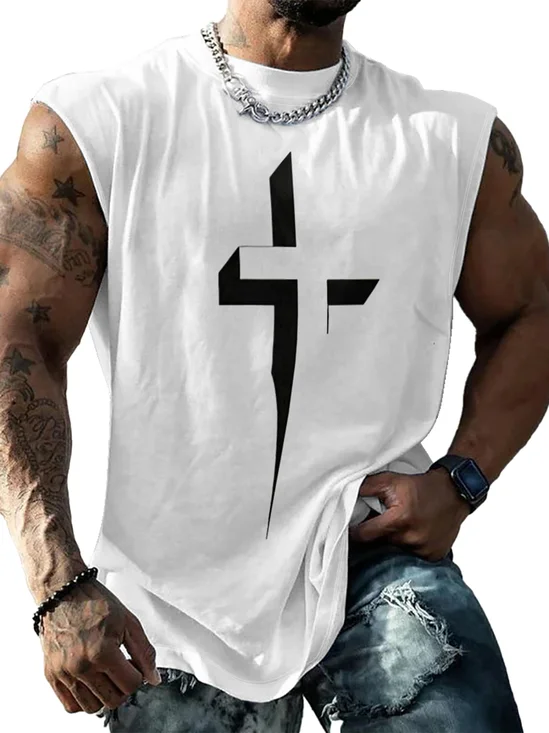 Mens Crewneck Tank Tops Jesus Cross Beach Sleeveless Shirt