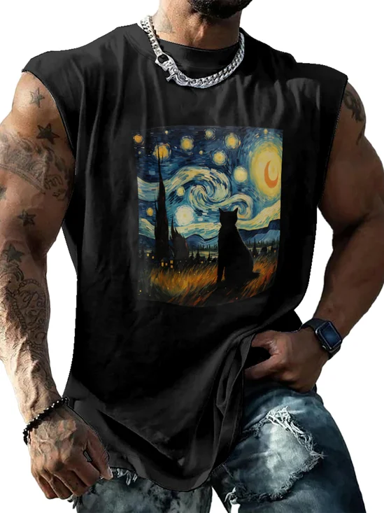 Mens Crewneck Tank Tops Van Gogh Starry Night Black Cat Beach Sleeveless Shirt