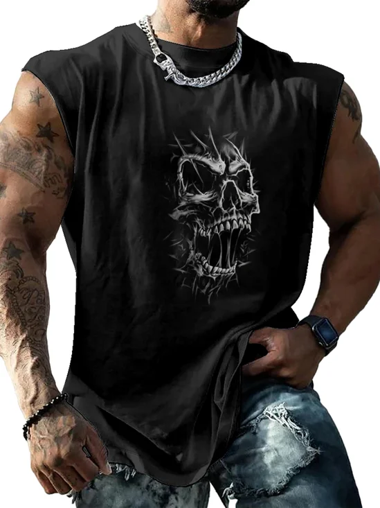 Mens Crewneck Tank Tops Rock Music Skull Beach Sleeveless Shirt