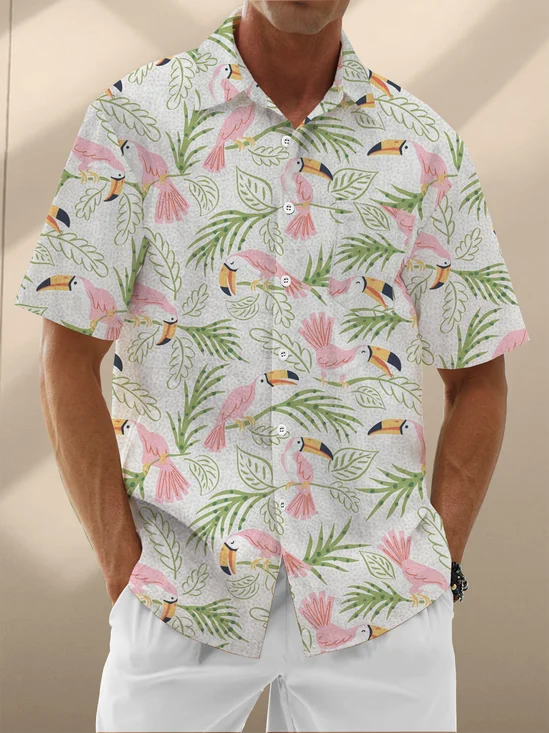Moisture Wicking Tropical Plants Toucan Chest Pocket Hawaiian Shirt