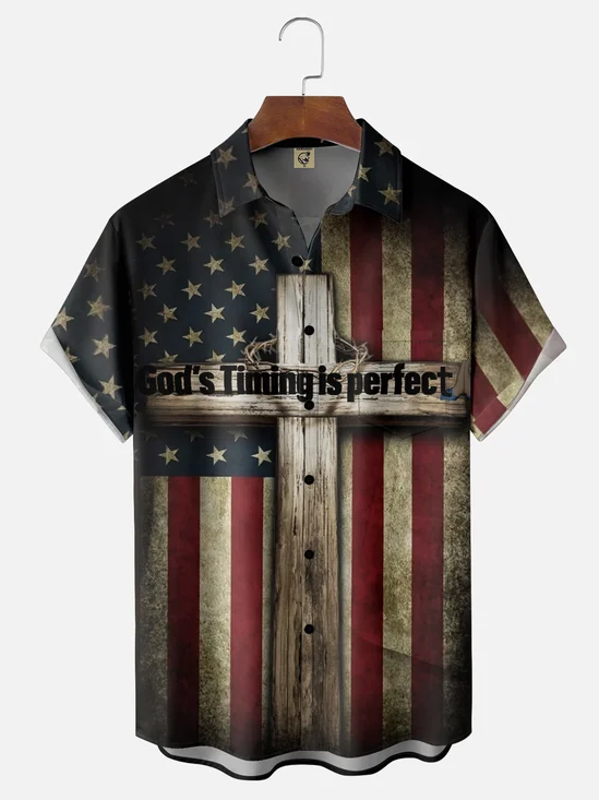 Moisture-wicking Gods Timing is Perfect American Flag Cross Chest Pocket Casual Shirt