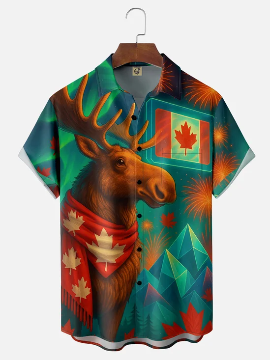 Moisture-wicking Canada Day Reindeer Chest Pocket Casual Shirt