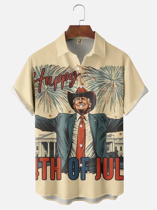 Moisture-wicking Happy Independence Day American Flag Trump Chest Pocket Casual Shirt