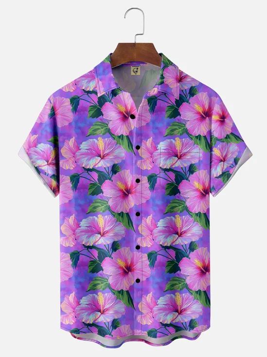 Moisture-wicking Floral Gradient Color Chest Pocket Hawaiian Shirt