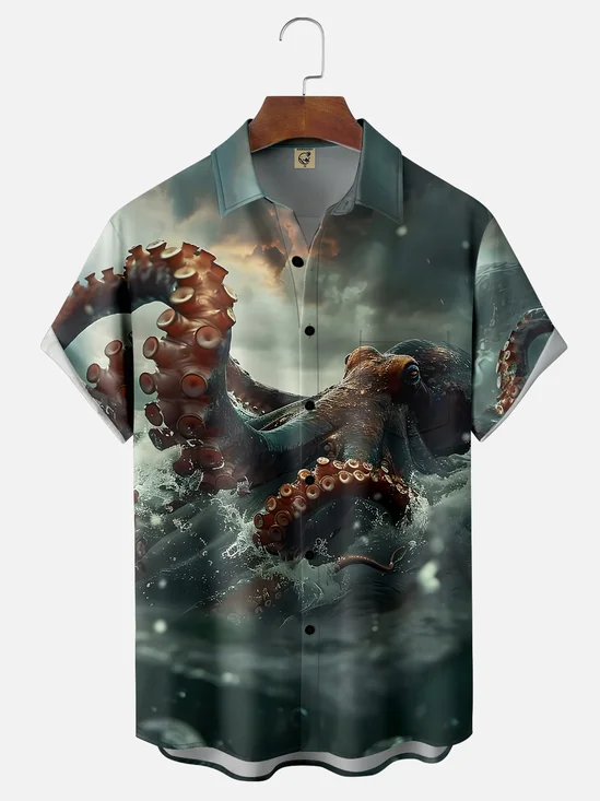 Moisture-wicking Giant Octopus Ocean Cthulhu Chest Pocket Casual Shirt