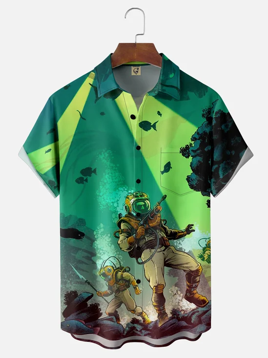 Moisture-wicking Diver Avant-garde Illustration Chest Pocket Hawaiian Shirt