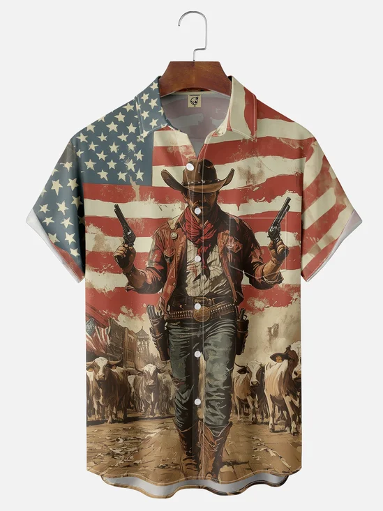 Moisture-wicking American Flag Western Cowboy Chest Pocket National Patriotic Shirt