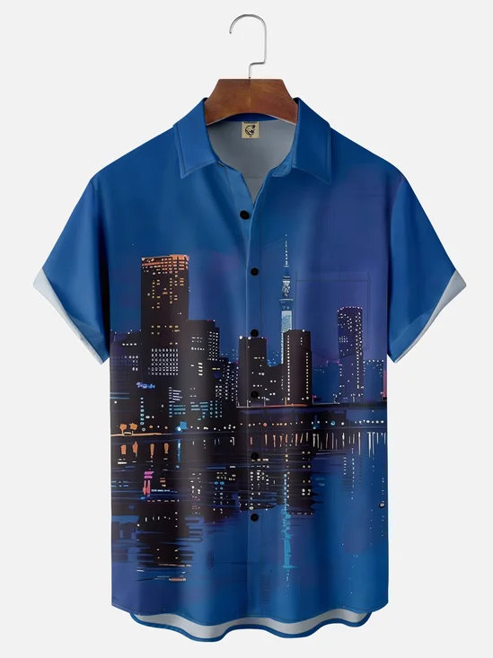 Hardaddy X Artist Clayziq Moisture-wicking Beach Building Scenery Chest Pocket Hawaiian Shirt