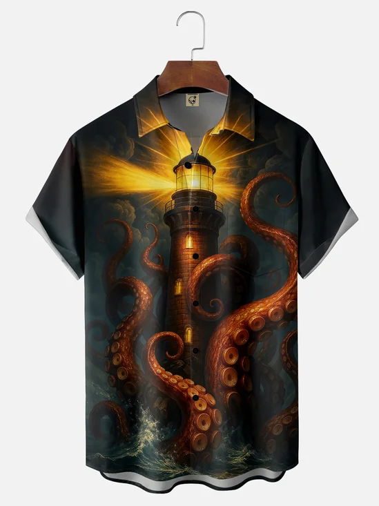 Moisture-wicking Giant Octopus Lighthouse Chest Pocket Casual Shirt