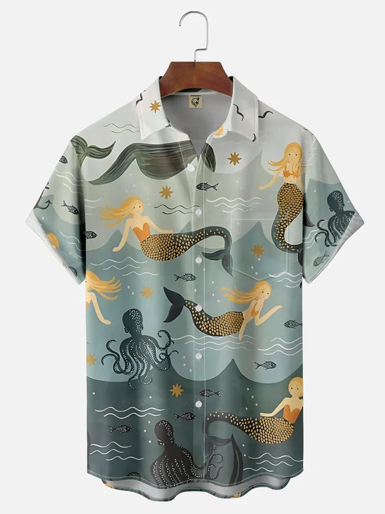 Moisture-wicking Vintage Mermaid Art Chest Pocket Hawaiian Shirt