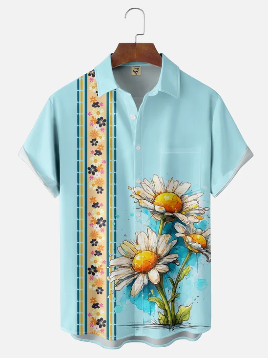 Moisture-wicking Floral Chest Pocket Bowling Shirt
