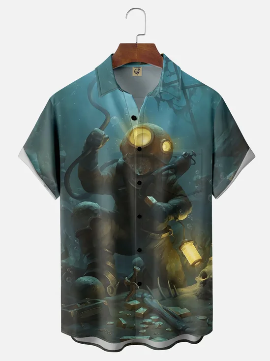 Moisture-wicking Vintage Diver Art Chest Pocket Hawaiian Shirt