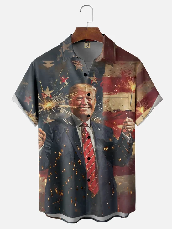 Moisture-wicking Independence Day American Flag Trump Chest Pocket Casual Shirt