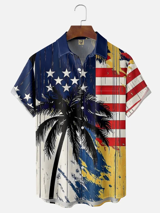Moisture-wicking American Flag Palm Tree Chest Pocket Hawaiian Shirt