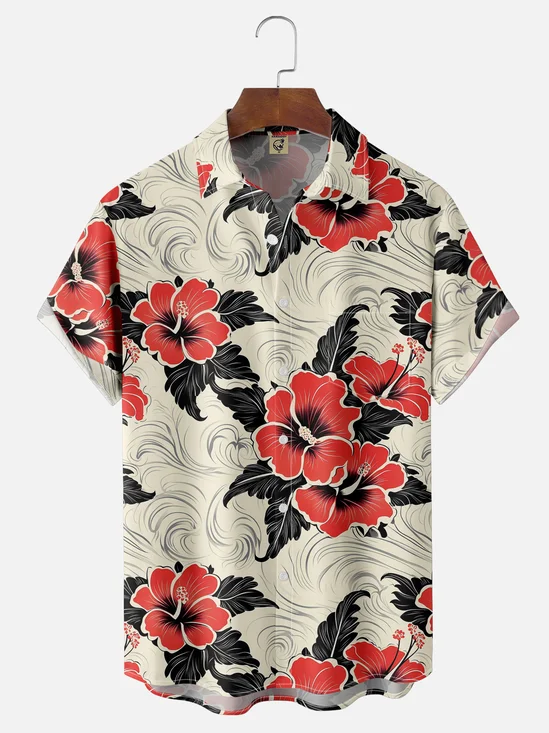Moisture-wicking Floral Chest Pocket Hawaiian Shirt