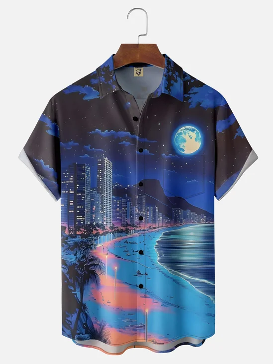 Hardaddy X Artist Clayziq Moisture-wicking Beach Building Scenery Chest Pocket Hawaiian Shirt