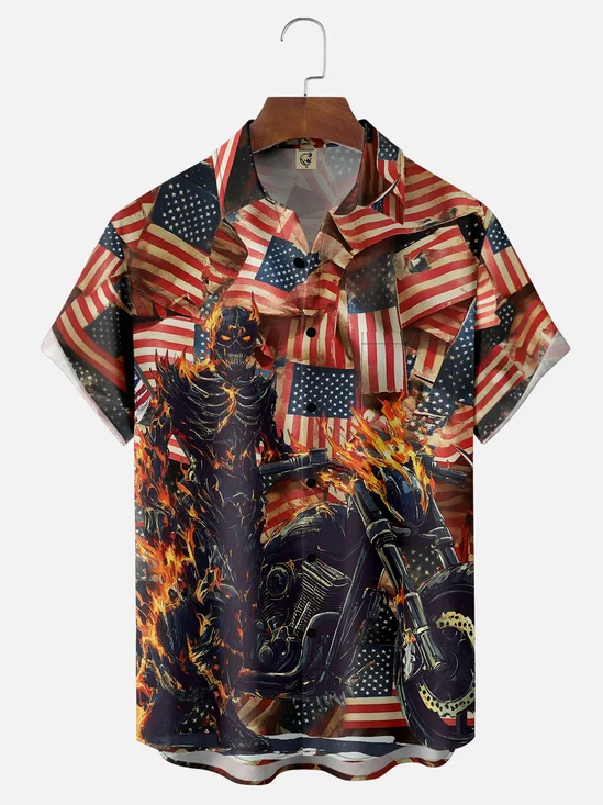 Moisture-wicking American Flag Motorcycle Chest Pocket Casual Shirt