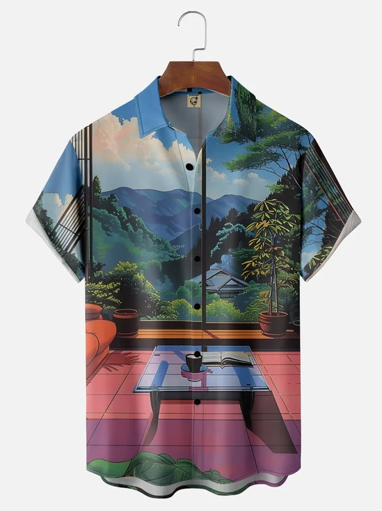 Hardaddy X Artist Clayziq Moisture-wicking Mountain Building Scenery Chest Pocket Hawaiian Shirt