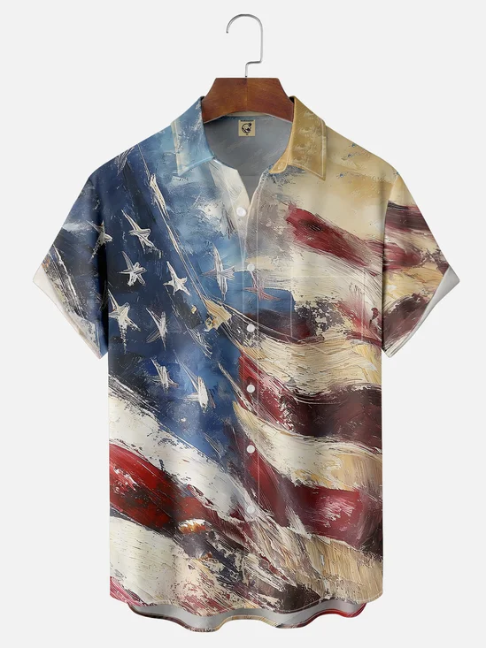 Moisture-wicking American Flag Independence Day Oil Painting Chest Pocket Casual Shirt